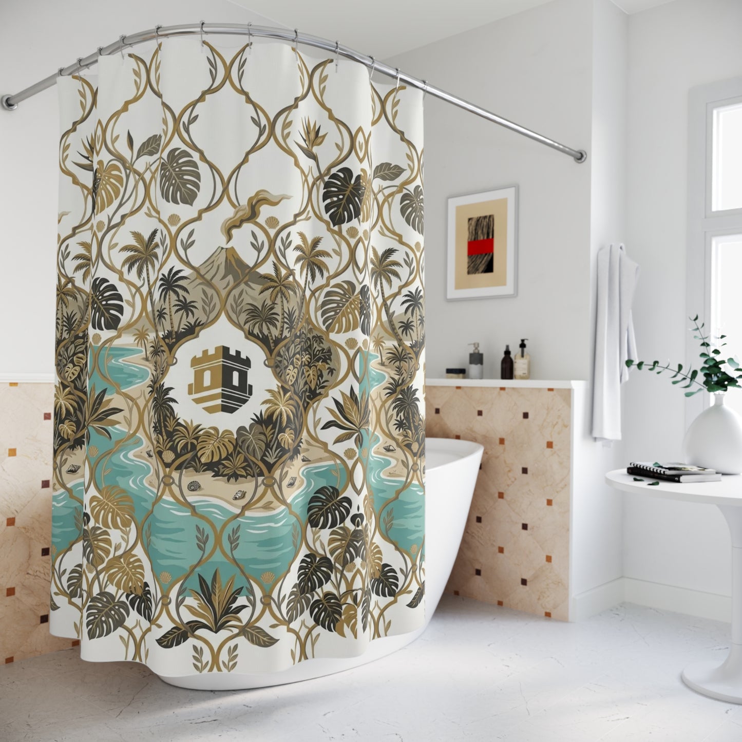 Tropical Tile Shower Curtain with Palm, Monstera & Island Blockhouse Pattern