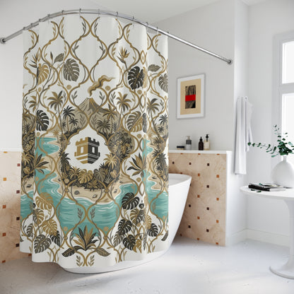 Tropical Tile Shower Curtain with Palm, Monstera & Island Blockhouse Pattern