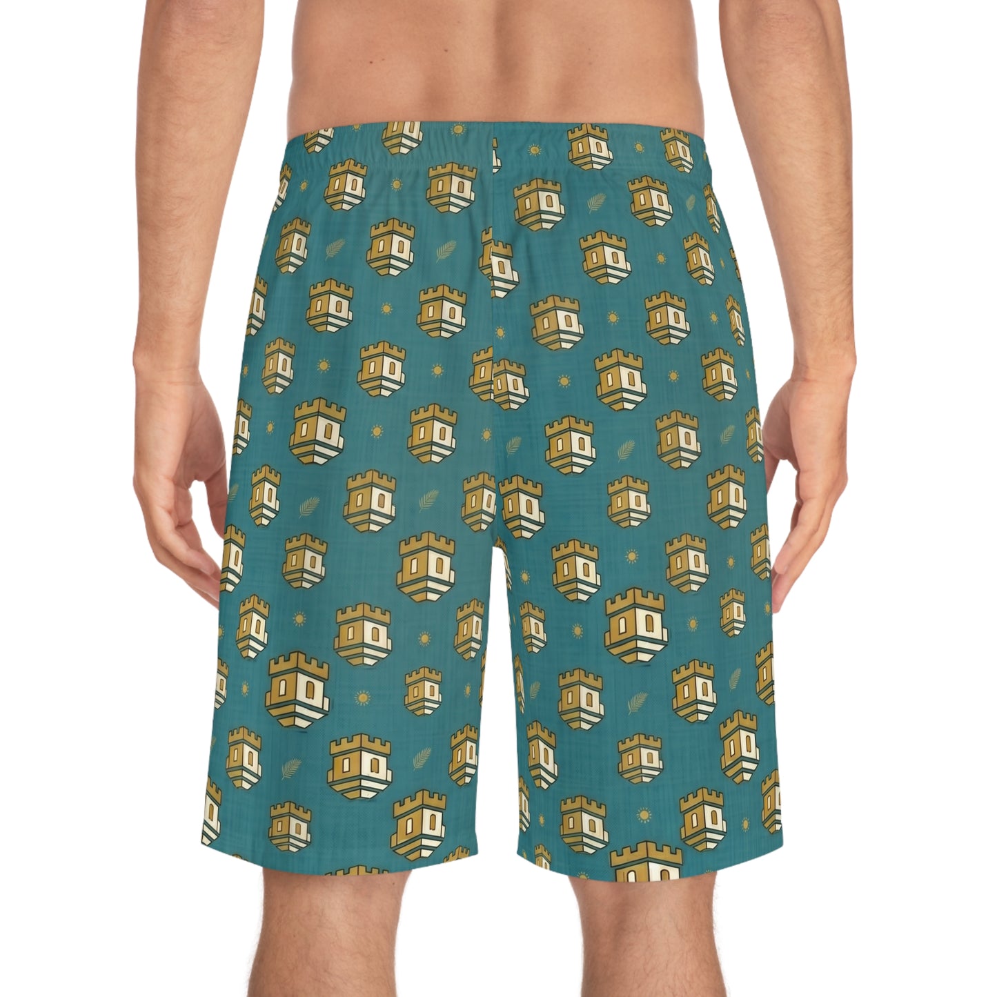 Blockhouse Gold Castle Print Board Shorts with Teal All-Over Swim Trunks