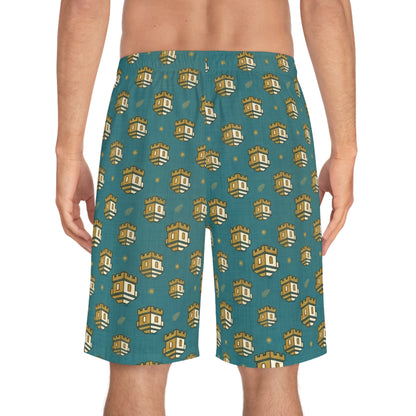 Blockhouse Gold Castle Print Board Shorts with Teal All-Over Swim Trunks