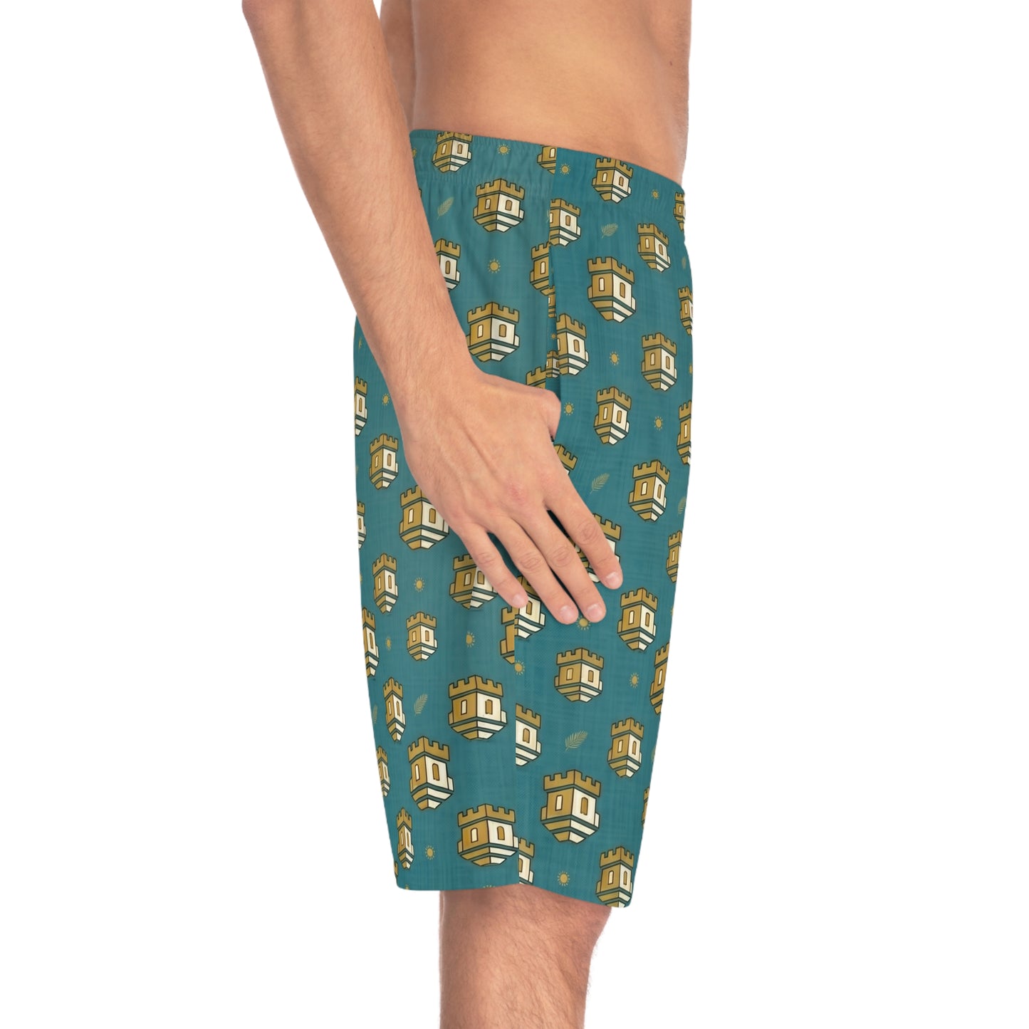 Blockhouse Gold Castle Print Board Shorts with Teal All-Over Swim Trunks