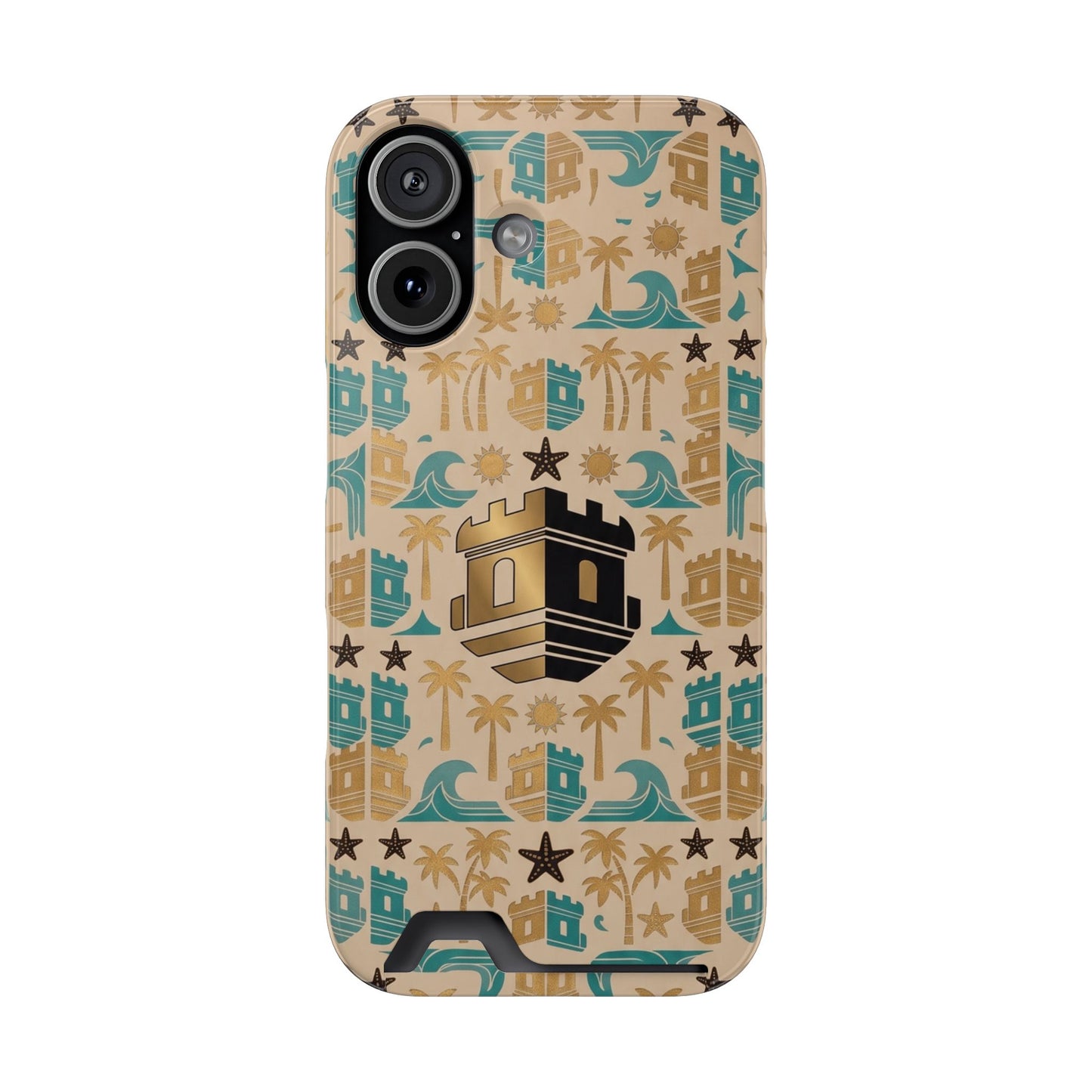 Beach Castle Card Holder Phone Case with Blockhouse Tropical Palm & Wave Pattern