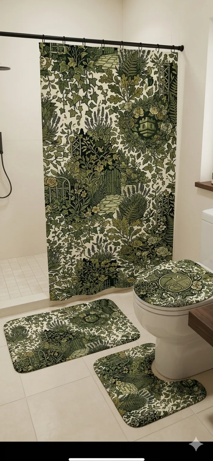 Floral Garden Toilet 3-Piece Bath Rug Set — Green Vintage Botanical Garden Toilet Lid & Contour Mats