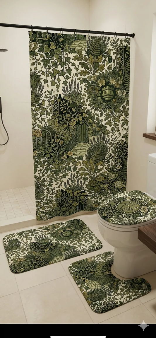 Floral Garden Toilet 3-Piece Bath Rug Set — Green Vintage Botanical Garden Toilet Lid & Contour Mats