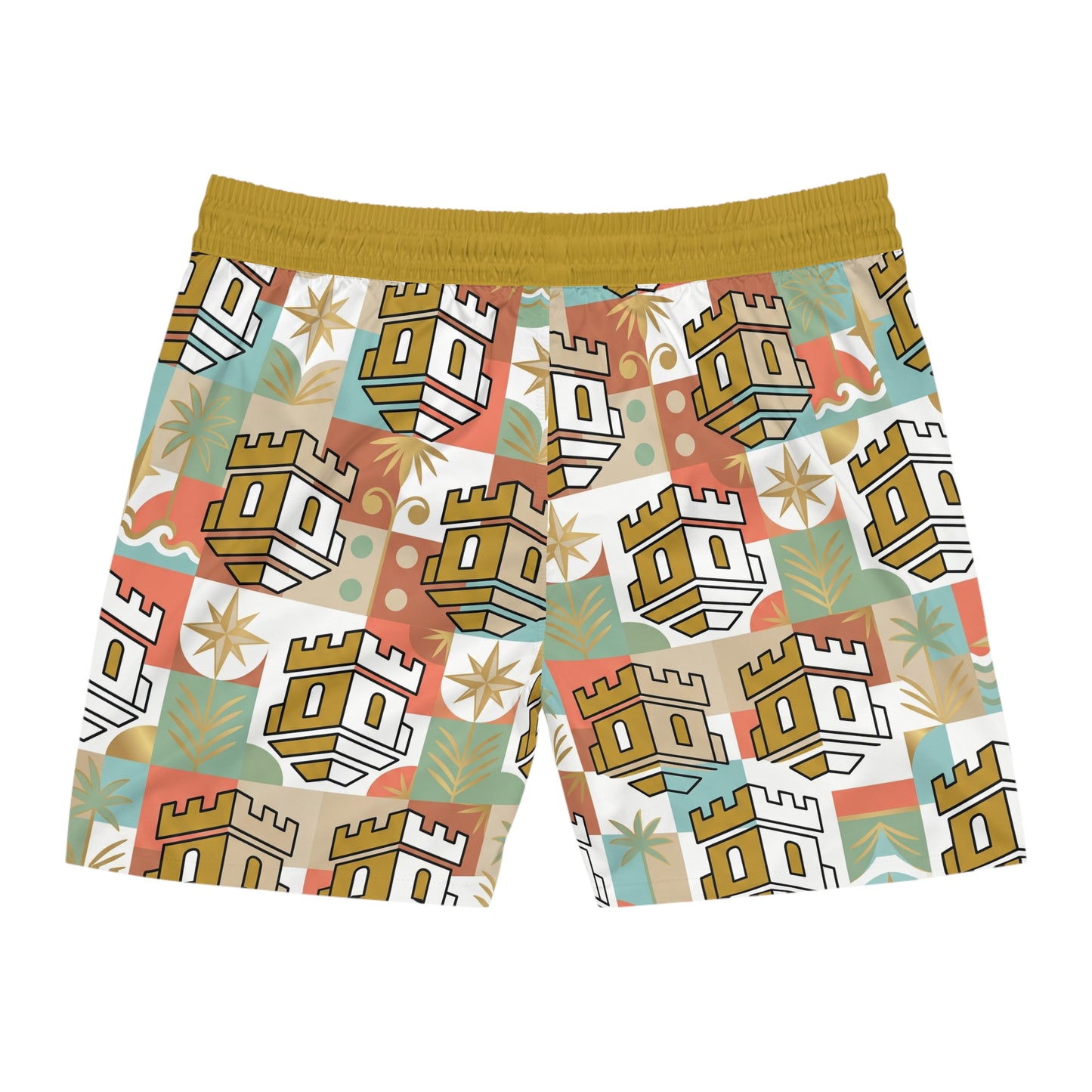 Retro Coastal Blockhouse Pattern Swim Shorts – Men's Mid-Length Beach Trunks