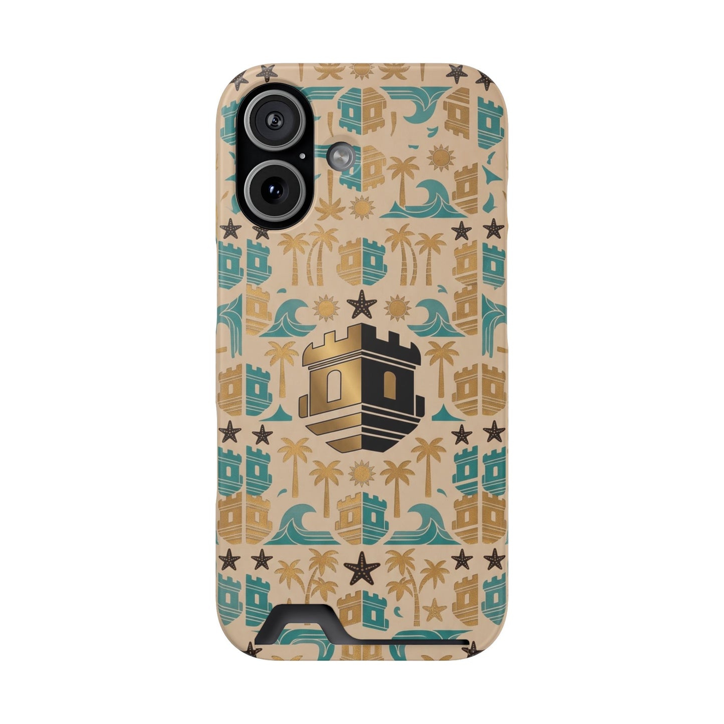 Beach Castle Card Holder Phone Case with Blockhouse Tropical Palm & Wave Pattern