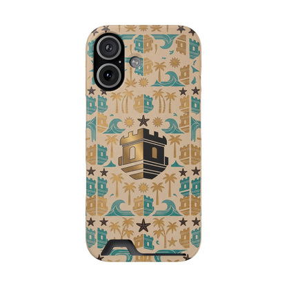 Beach Castle Card Holder Phone Case with Blockhouse Tropical Palm & Wave Pattern