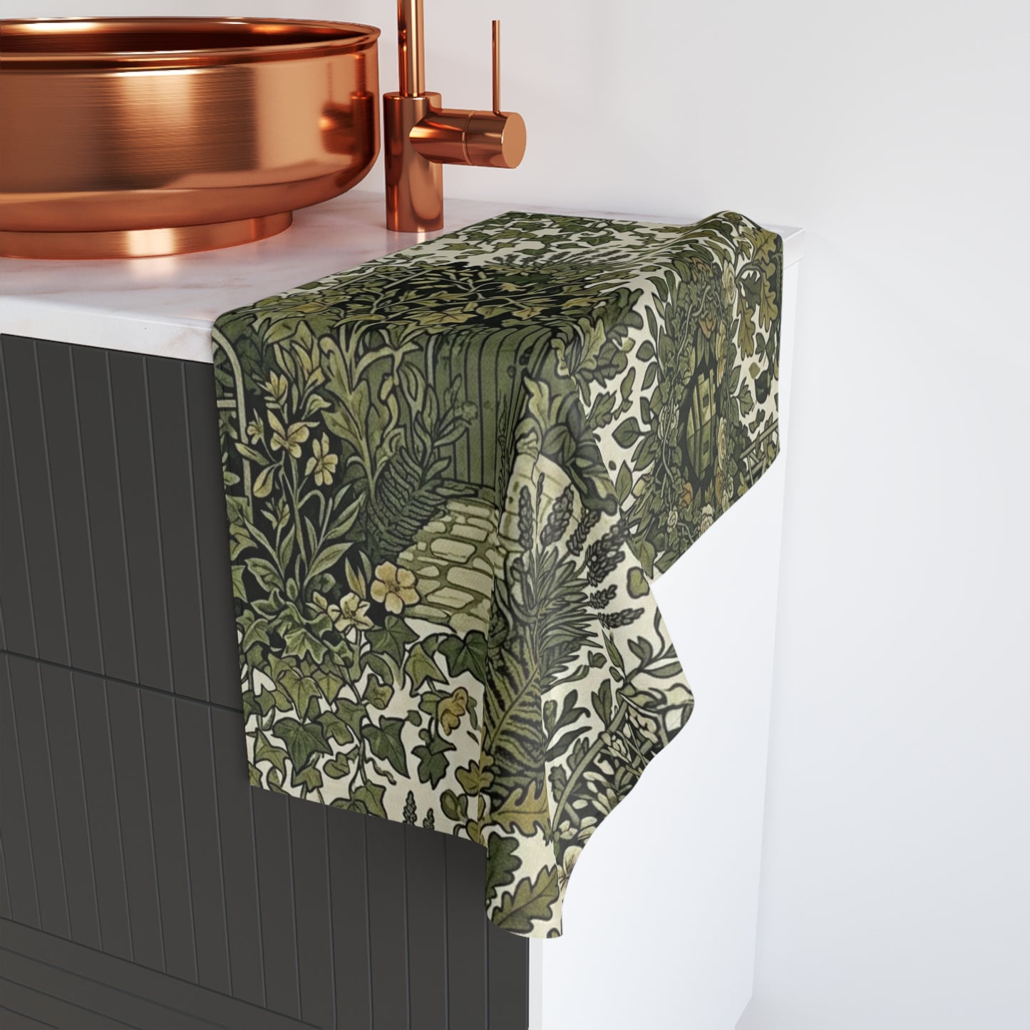 Blockhouse Botanical Garden Hand Towel with Vintage Green Floral Tea Towel