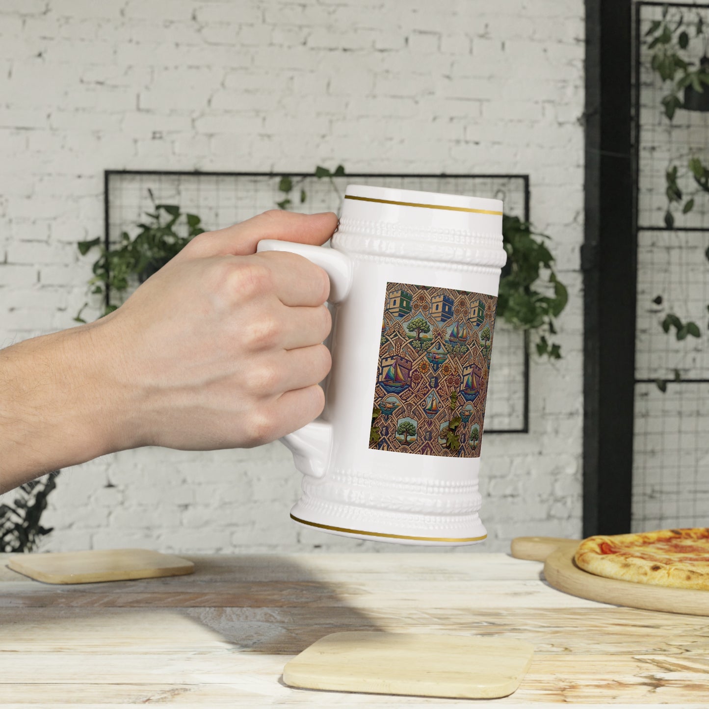 Limited Edition Heritage Village Beer Stein with Blockhouse Vintage Cottage Pattern Ceramic Mug