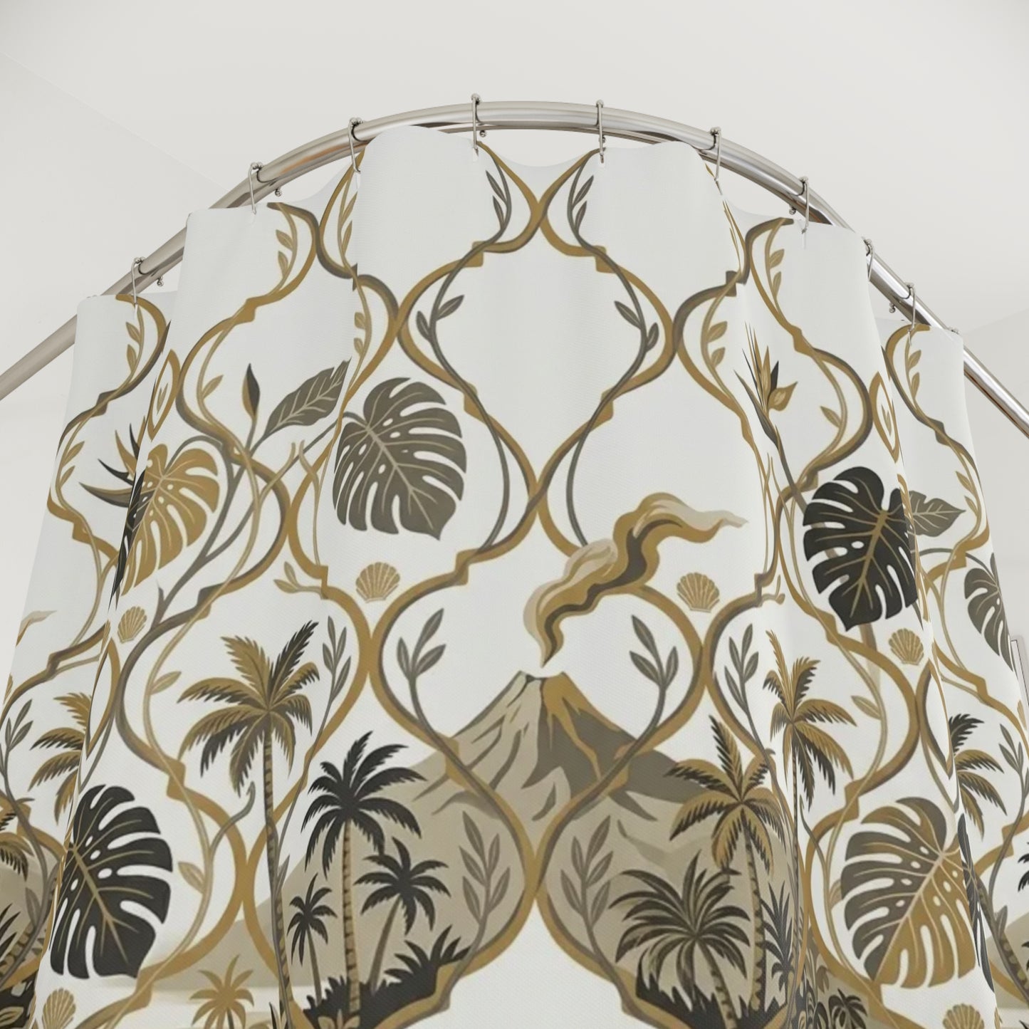Tropical Tile Shower Curtain with Palm, Monstera & Island Blockhouse Pattern