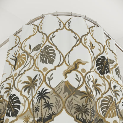 Tropical Tile Shower Curtain with Palm, Monstera & Island Blockhouse Pattern
