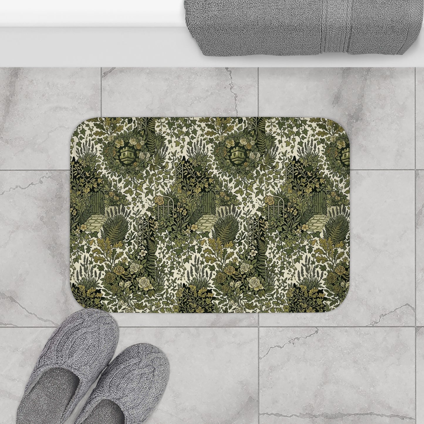 Vintage Botanical Bath Mat with Blockhouse Green Floral Garden Pattern
