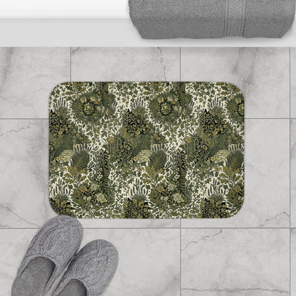 Vintage Botanical Bath Mat with Blockhouse Green Floral Garden Pattern