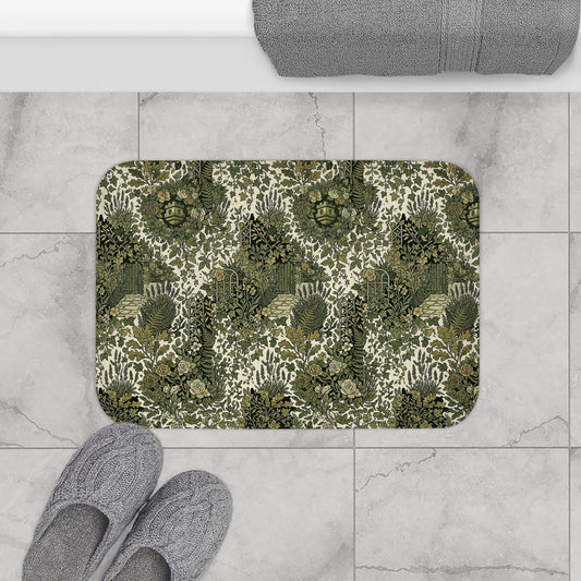 Vintage Botanical Bath Mat with Blockhouse Green Floral Garden Pattern