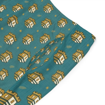 Blockhouse Gold Castle Print Board Shorts with Teal All-Over Swim Trunks