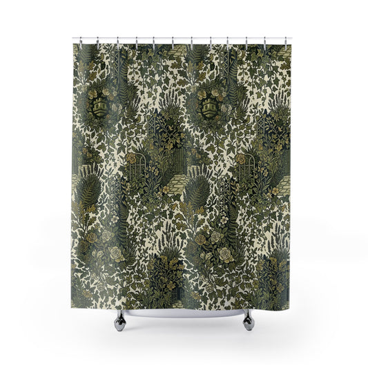 Blockhouse Shower Curtain - Vintage Botanical Garden Pattern, Green Floral Bathroom Decor