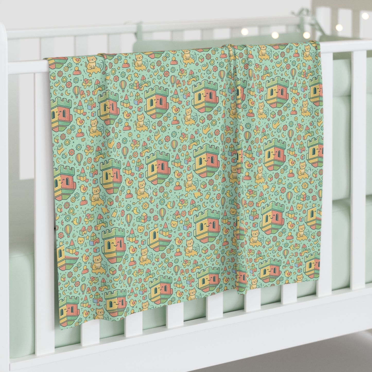 Baby Swaddle Blanket – Cute Retro Blockhouse House & Toy Pattern, Soft Mint Nursery Swaddle