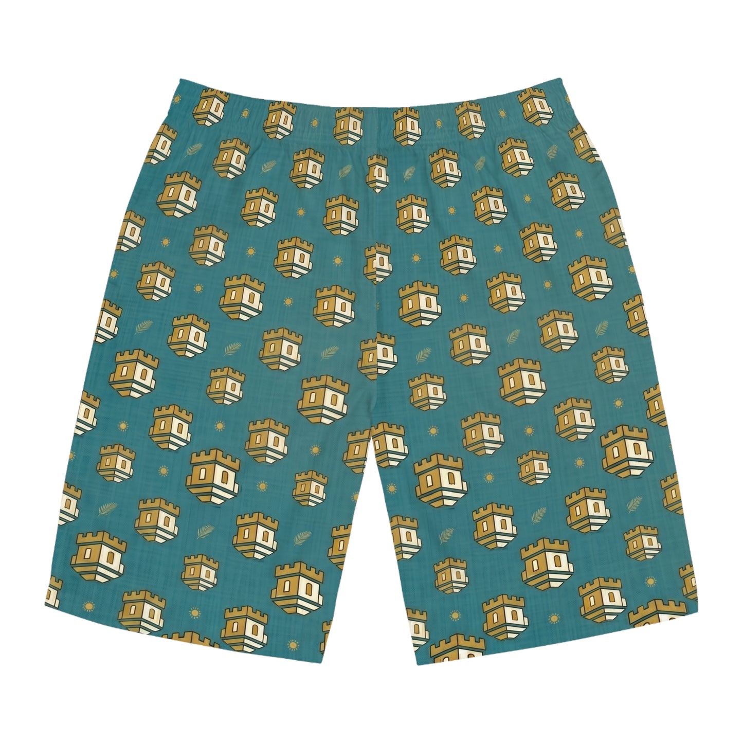 Blockhouse Gold Castle Print Board Shorts with Teal All-Over Swim Trunks