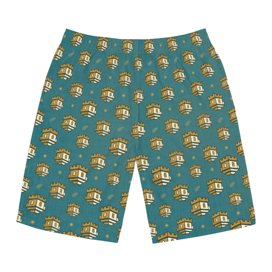 Blockhouse Gold Castle Print Board Shorts with Teal All-Over Swim Trunks