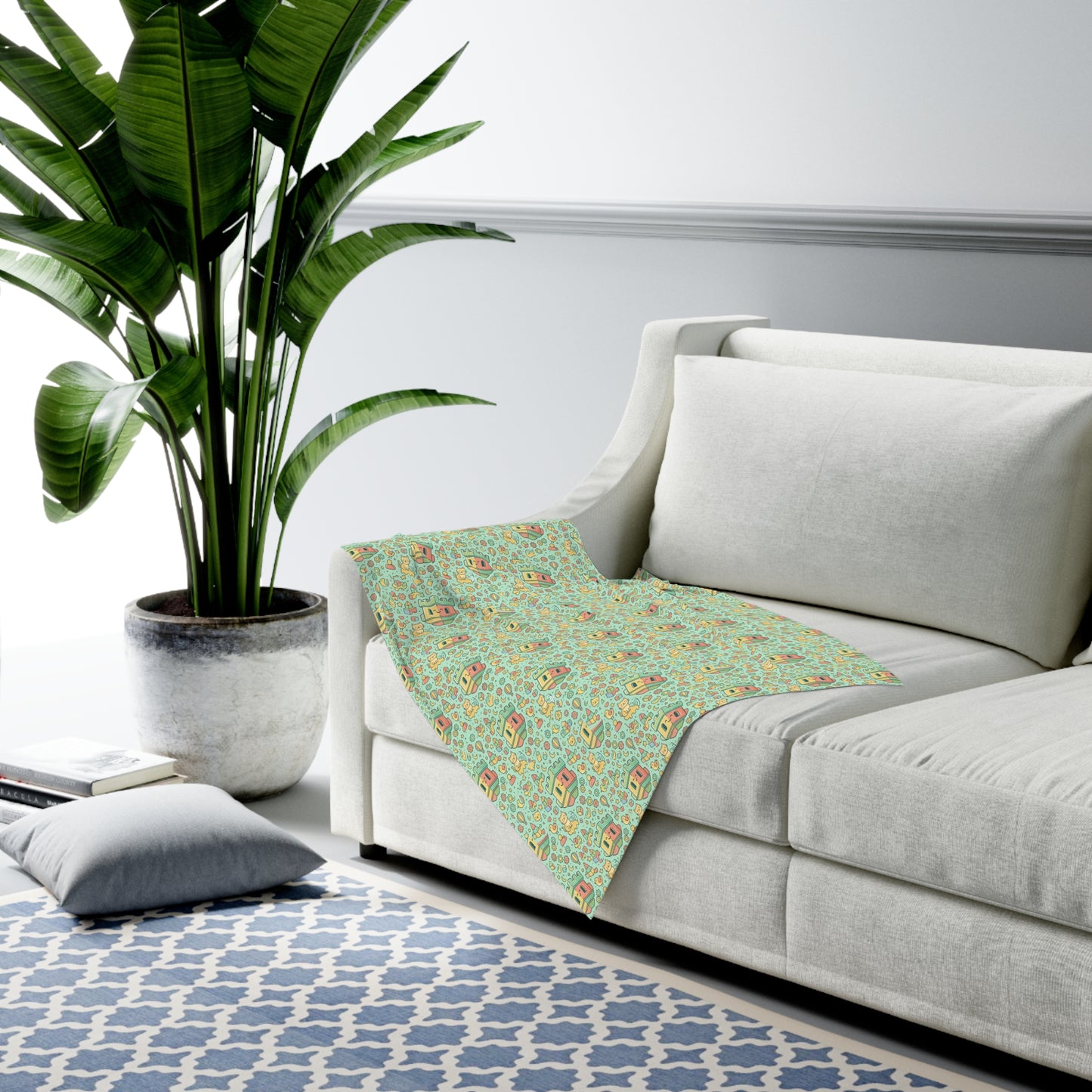 Baby Swaddle Blanket – Cute Retro Blockhouse House & Toy Pattern, Soft Mint Nursery Swaddle