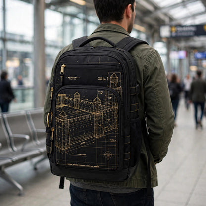 Bastion Lines backpack with gold fortress blueprint print worn by a man in a train station