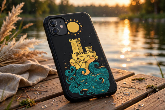 Beach Castle card holder phone case — new Blockhouse tropical palm and wave castle design, lifestyle photo