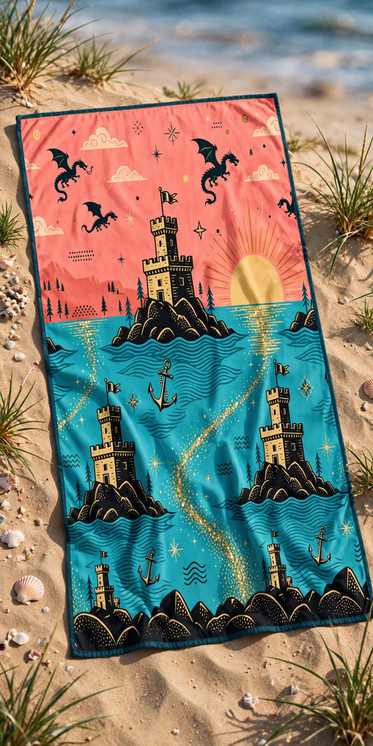Blockhouse Pattern Beach Towel – Colorful Retro Hawaiian Surf Design — front view