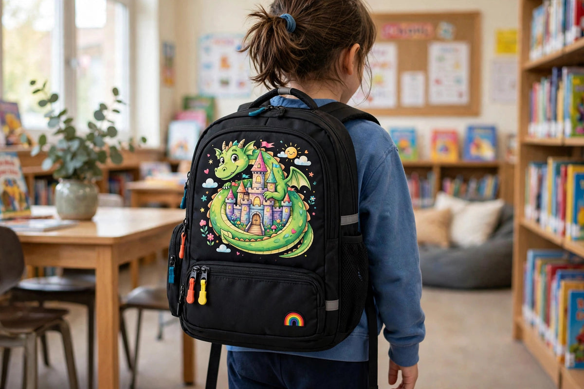 Befriend the Dragon kids backpack with green dragon and castle print worn by a child in a school library