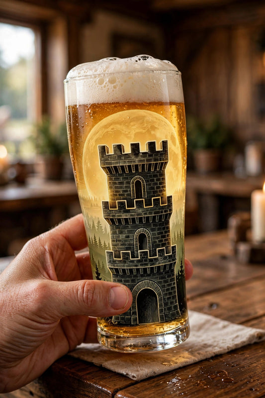 Hand holding the Black Forest Redoubt beer glass filled with beer in a warm tavern