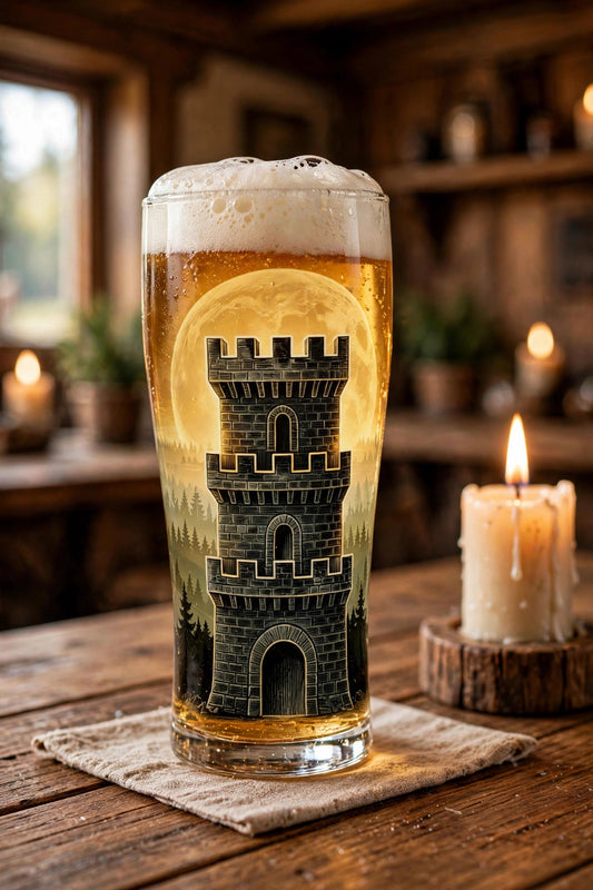 Black Forest Redoubt beer glass filled with beer on a tavern table beside a lit candle, stone tower and moon design