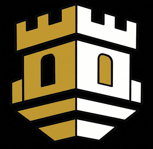 blockhouse shield with gold window and white castle tower wall on the right side and gold wall on the left side with a black window