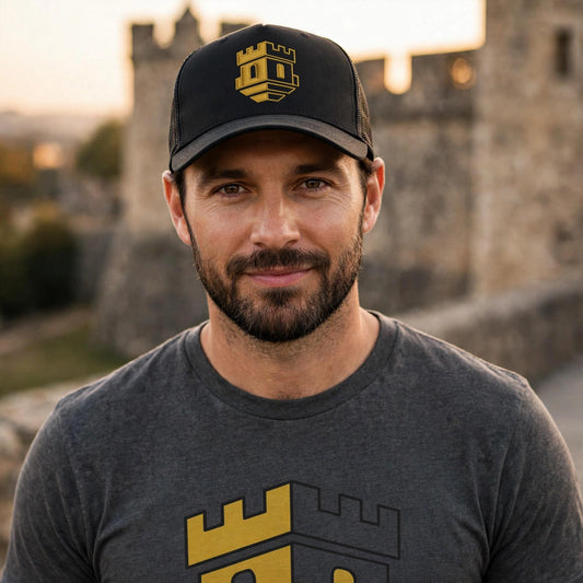 Male model wearing Blockhouse Castle Trucker Cap