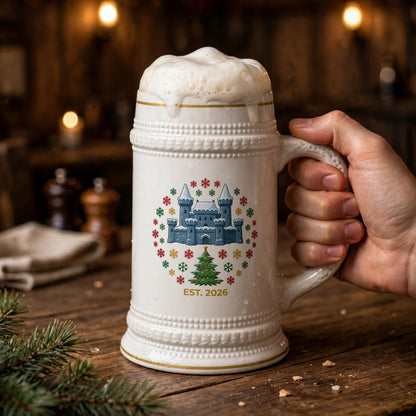 Blockhouse Christmas Castle Beer Stein — modeled photo, held in hand