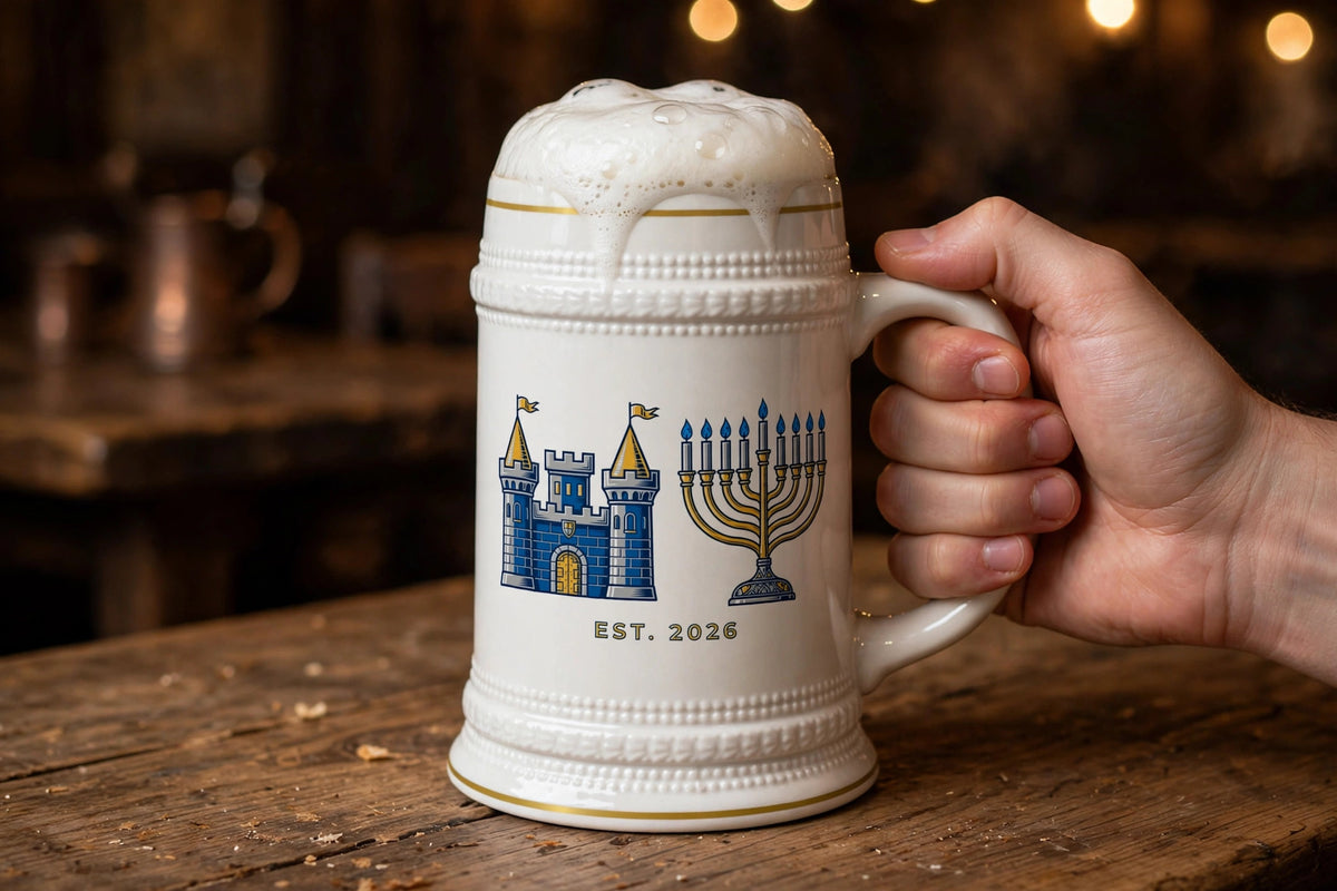 Blockhouse Hanukkah Castle Beer Stein — modeled photo, held in hand