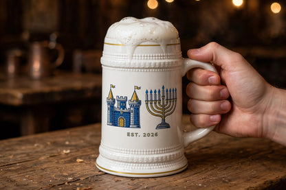 Blockhouse Hanukkah Castle Beer Stein — modeled photo, held in hand