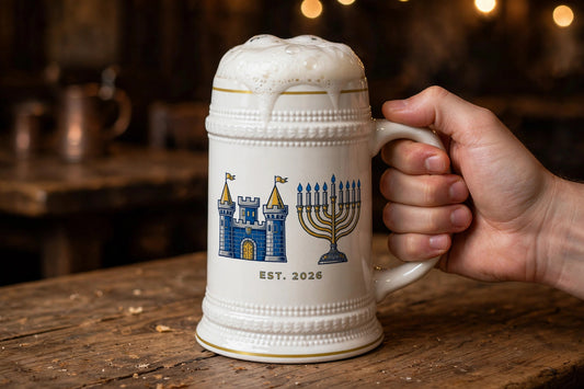 Blockhouse Hanukkah Castle Beer Stein — modeled photo, held in hand