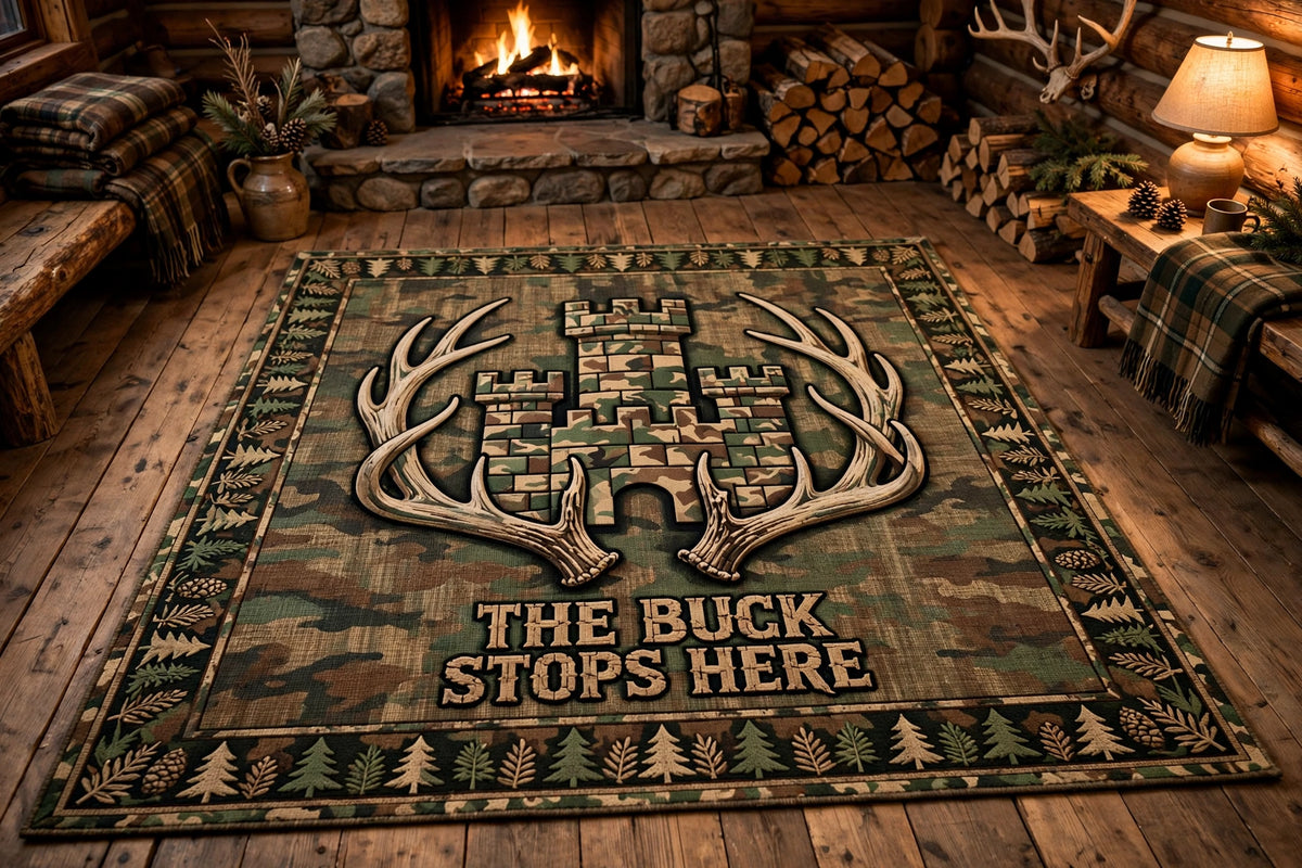 The Buck Stops Here rug - camo castle antlers