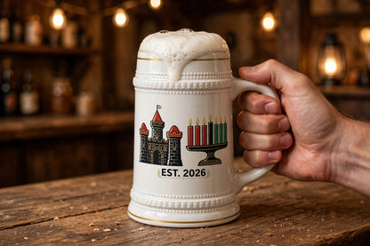 Blockhouse Kwanzaa Castle Beer Stein — modeled photo, held in hand