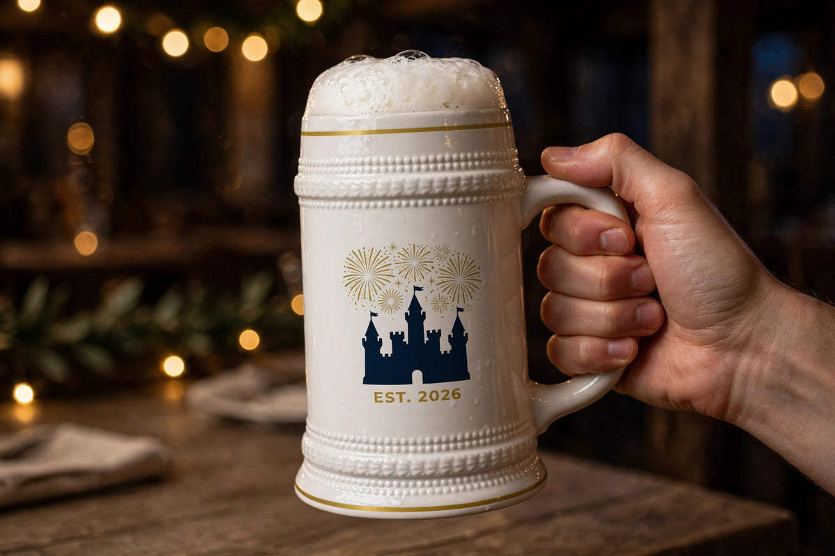 Blockhouse New Year's Castle Beer Stein — modeled photo, held in hand