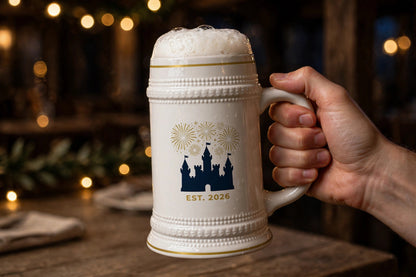 Blockhouse New Year's Castle Beer Stein — modeled photo, held in hand