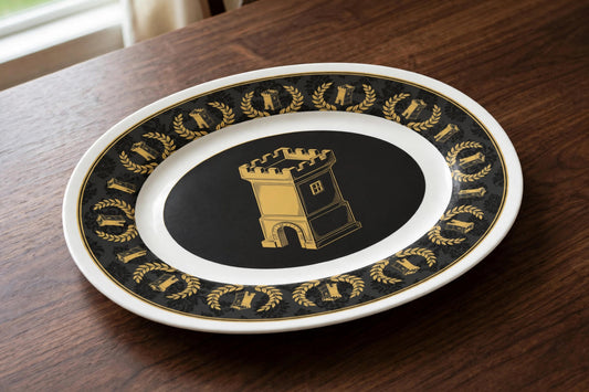 Blockhouse Platter — Damask Tower: 10x14-inch oval platter with gold tower medallion and wreath rim band
