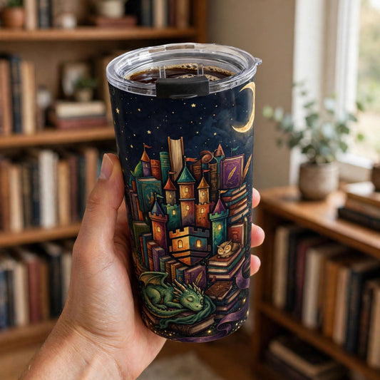 Book Castle at Night — 20 oz Tumbler — lifestyle photo