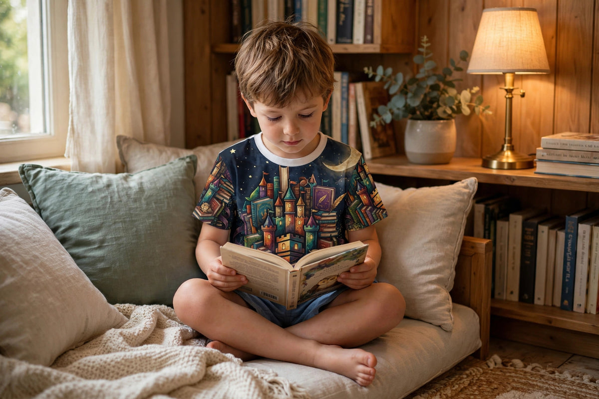 Book Castle at Night — All-Over Print Tee — lifestyle photo