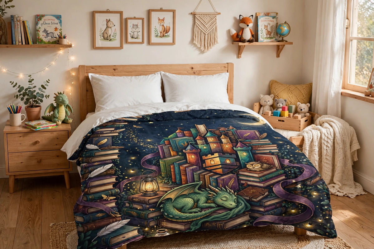 Book Castle at Night — Duvet Cover — lifestyle photo