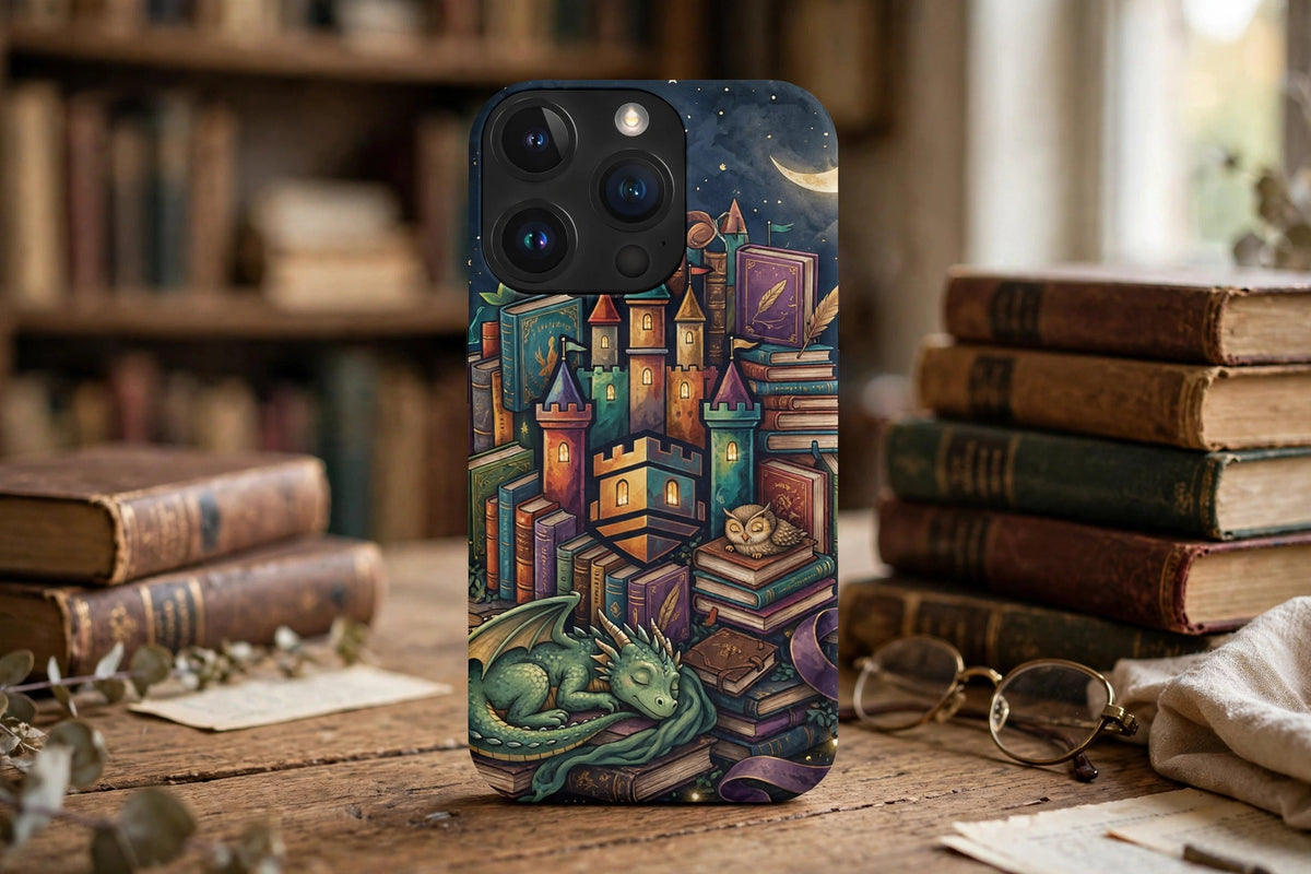 Book Castle at Night premium snap phone case on a wooden library desk