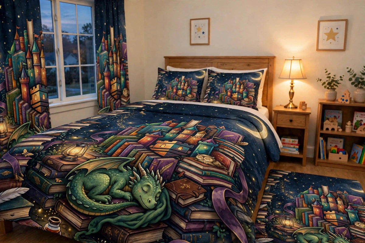 Book Castle at Night complete bedroom set in a bedroom seen from a closer angle, with the printed duvet, pillow shams, curtains and rug