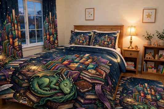 Book Castle at Night complete bedroom set in a bedroom seen from a closer angle, with the printed duvet, pillow shams, curtains and rug
