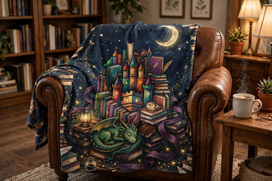 Book Castle at Night blanket draped over a leather reading armchair in a home library