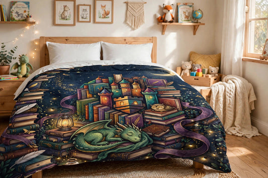 Book Castle at Night duvet cover with book castle and sleeping dragon artwork draped over a child's bed, close view