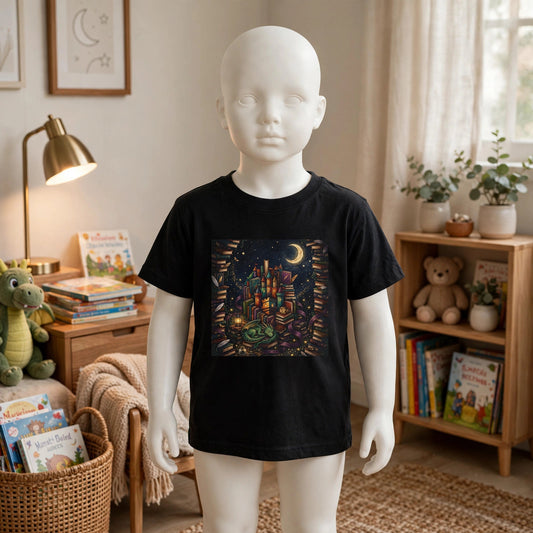 Book Castle at Night kids heavy cotton tee in black with a castle of books print, worn by a child mannequin in a child's bedroom